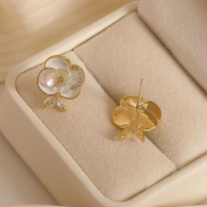 1 Pair Lady Commute Flower Inlay Copper Zircon 18K Gold Plated Ear Studs