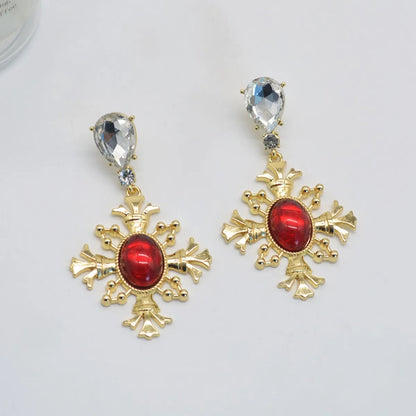 1 Pair Lady Cross Plating Inlay Alloy Artificial Gemstones 14k Gold Plated Drop Earrings