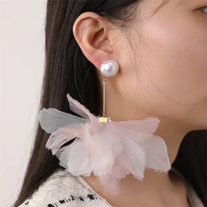 1 Pair Lady Flower Alloy Cloth Drop Earrings