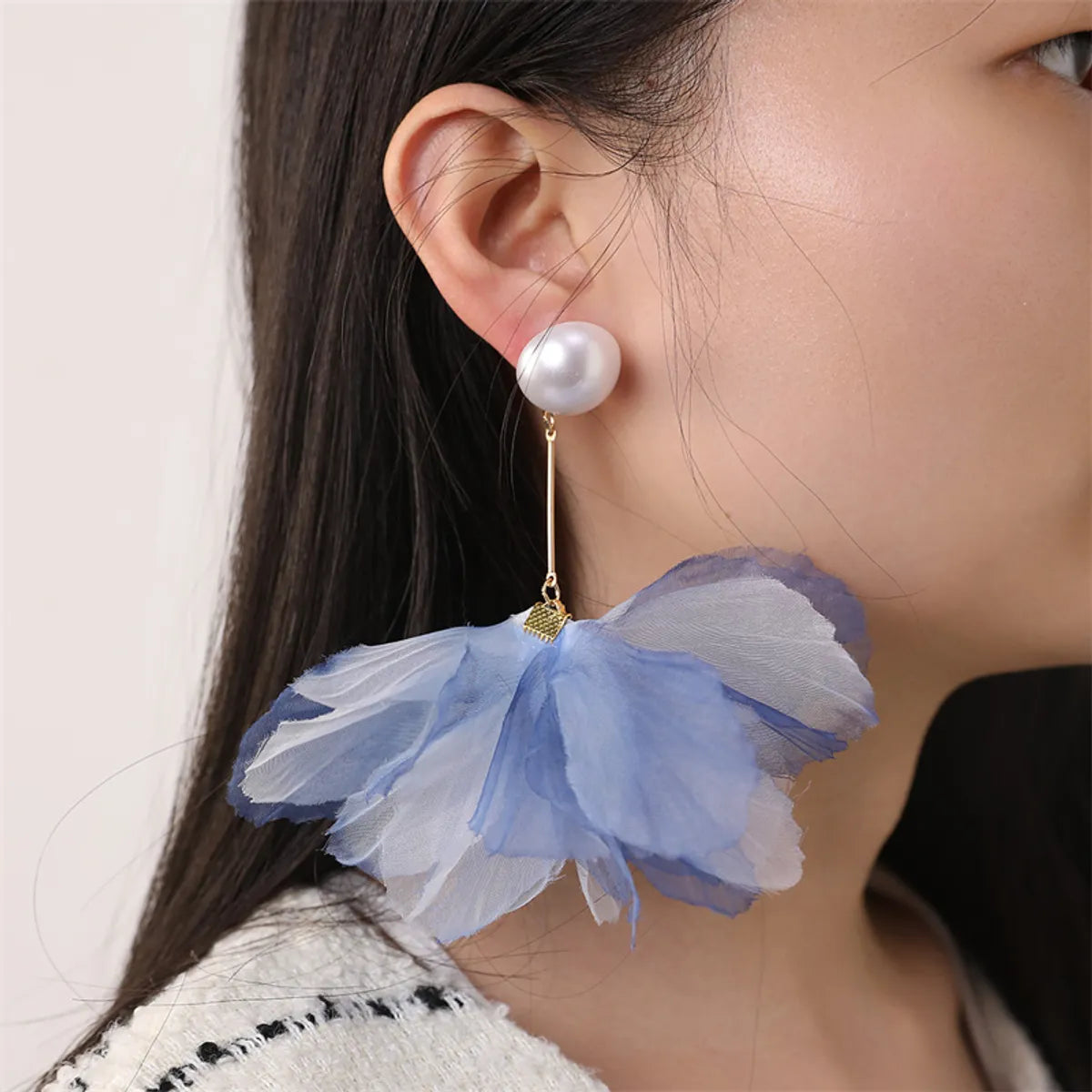 1 Pair Lady Flower Alloy Cloth Drop Earrings