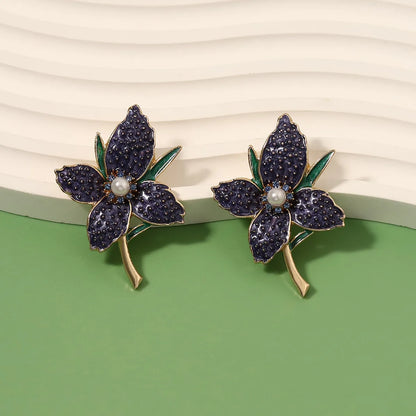 1 Pair Lady Flower Enamel Imitation Pearl Zinc Alloy Artificial Rhinestones Ear Studs