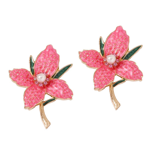 1 Pair Lady Flower Enamel Imitation Pearl Zinc Alloy Artificial Rhinestones Ear Studs