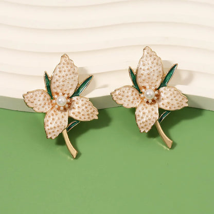 1 Pair Lady Flower Enamel Imitation Pearl Zinc Alloy Artificial Rhinestones Ear Studs