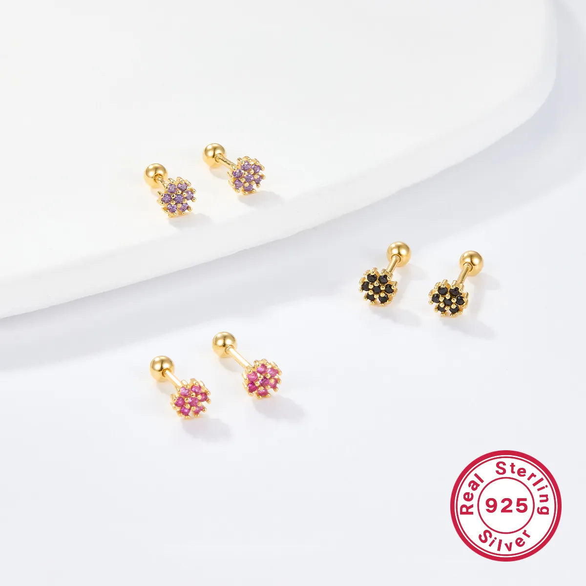 1 Pair Lady Flower Inlay Sterling Silver Zircon 18k Gold Plated White Gold Plated Ear Studs