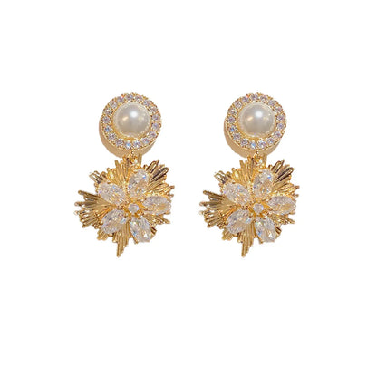 1 Pair Lady Flower Plating Inlay Artificial Pearl Copper Zircon Drop Earrings