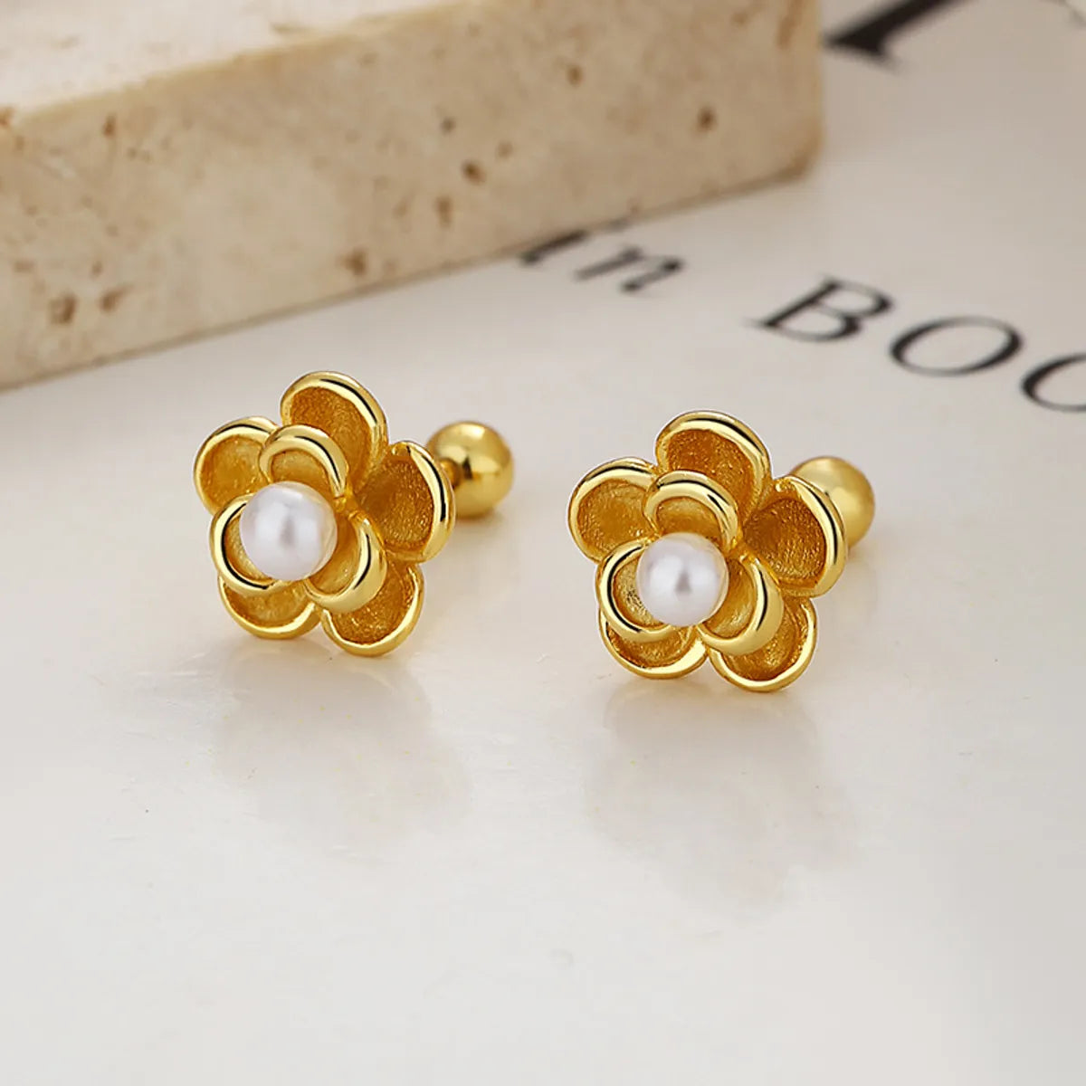 1 Pair Lady Flower Plating Inlay Sterling Silver Artificial Pearls Ear Studs