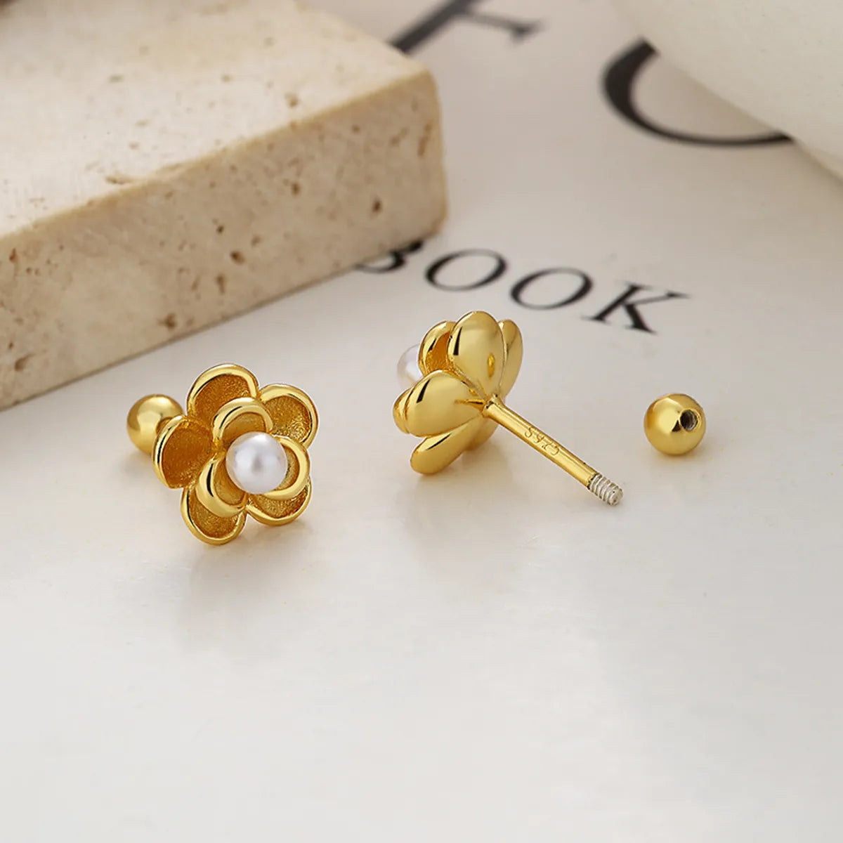 1 Pair Lady Flower Plating Inlay Sterling Silver Artificial Pearls Ear Studs