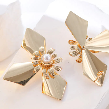 1 Pair Lady Flower Plating Metal Drop Earrings