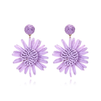 1 Pair Lady Flower Raffia Mixed Materials Drop Earrings