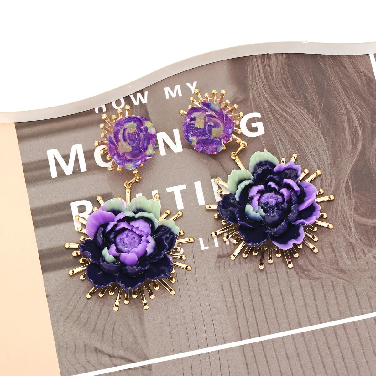 1 Pair Lady Flower Resin Metal Drop Earrings