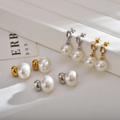 1 Pair Lady Geometric Inlay Stainless Steel Pearl Zircon Gold Plated Ear Studs