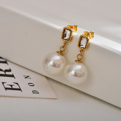 1 Pair Lady Geometric Inlay Stainless Steel Pearl Zircon Gold Plated Ear Studs