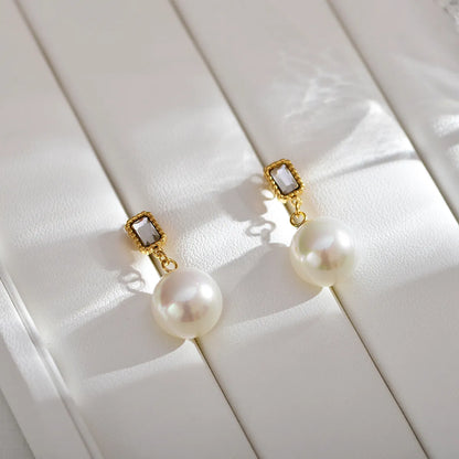 1 Pair Lady Geometric Inlay Stainless Steel Pearl Zircon Gold Plated Ear Studs