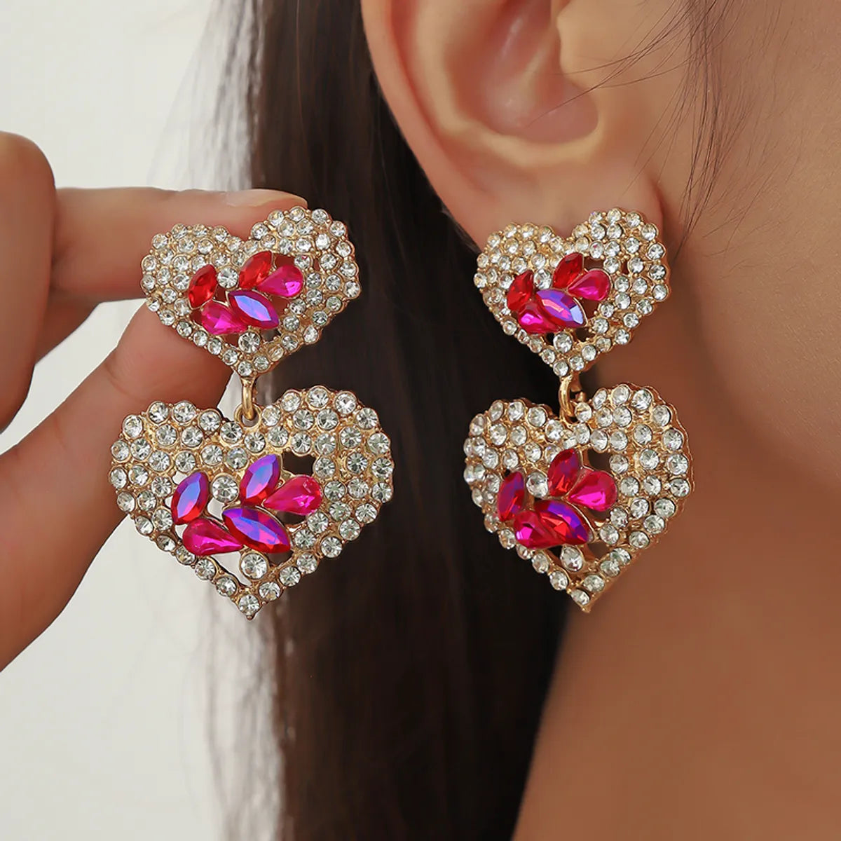 1 Pair Lady Heart Shape Inlay Alloy Artificial Diamond Drop Earrings