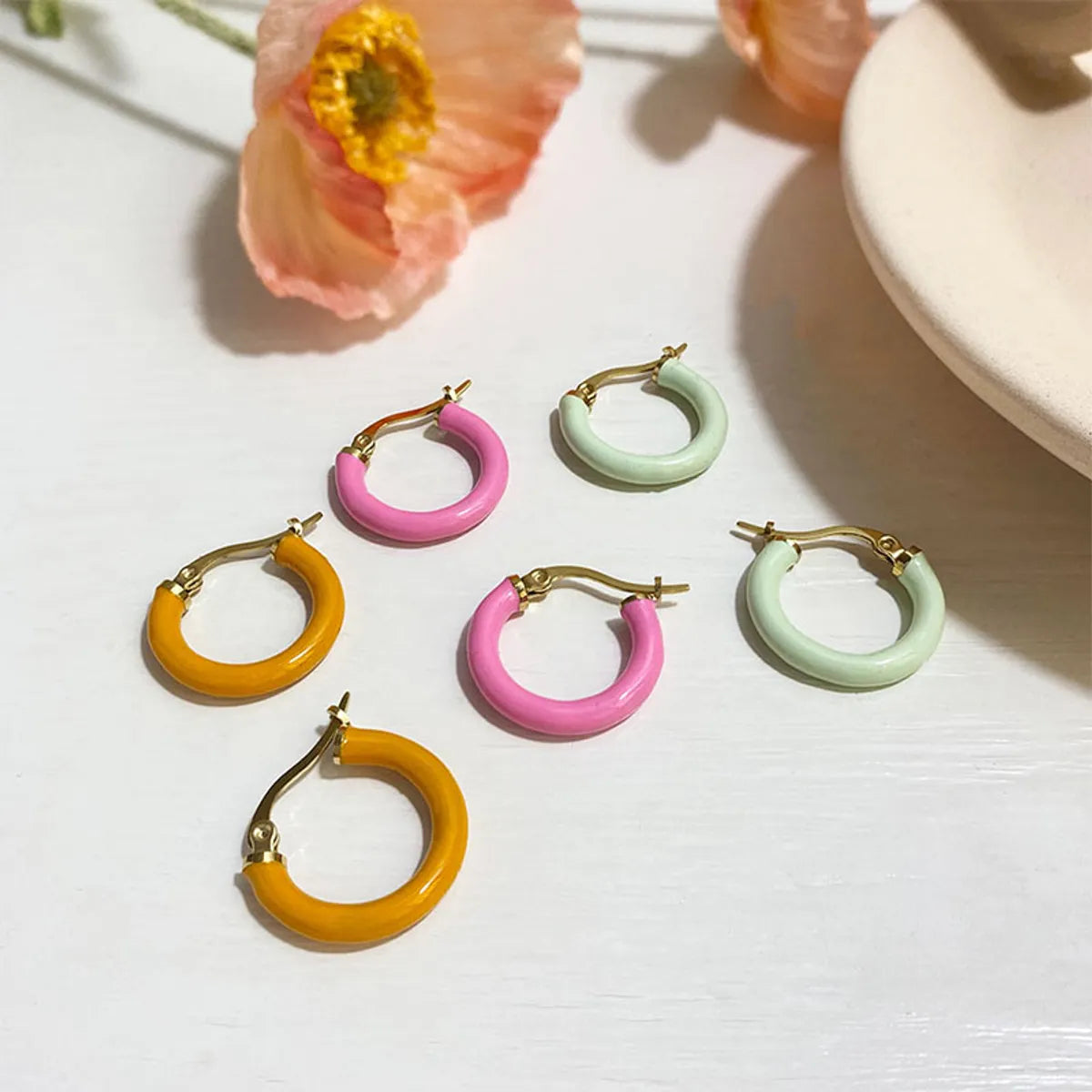 1 Pair Lady Round Enamel Plating Stainless Steel 18k Gold Plated Earrings