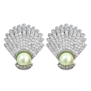 1 Pair Lady Shell Plating Inlay Copper Artificial Pearls Zircon White Gold Plated Ear Studs