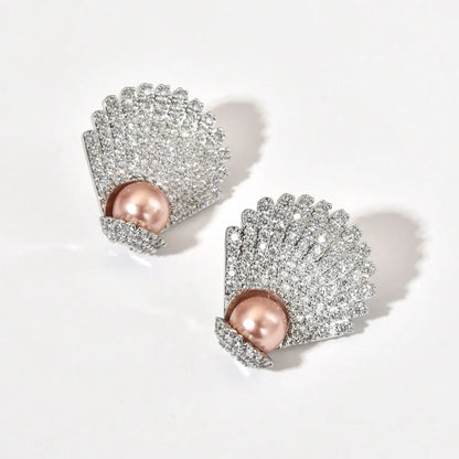 1 Pair Lady Shell Plating Inlay Copper Artificial Pearls Zircon White Gold Plated Ear Studs