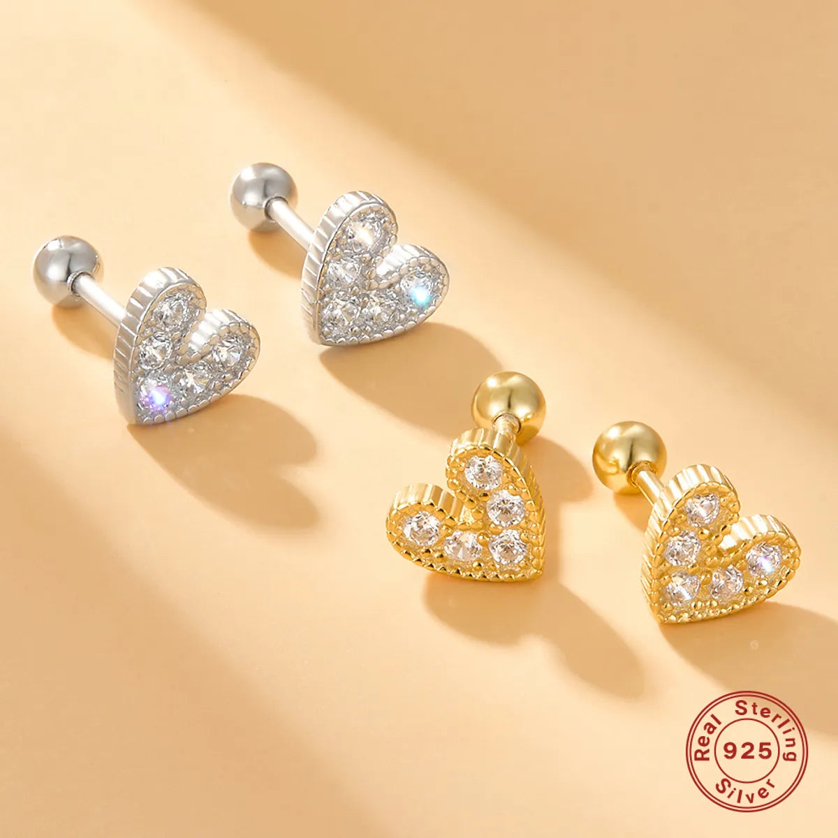 1 Pair Lady Simple Style Heart Shape Plating Inlay Sterling Silver Zircon 18k Gold Plated White Gold Plated Ear Studs