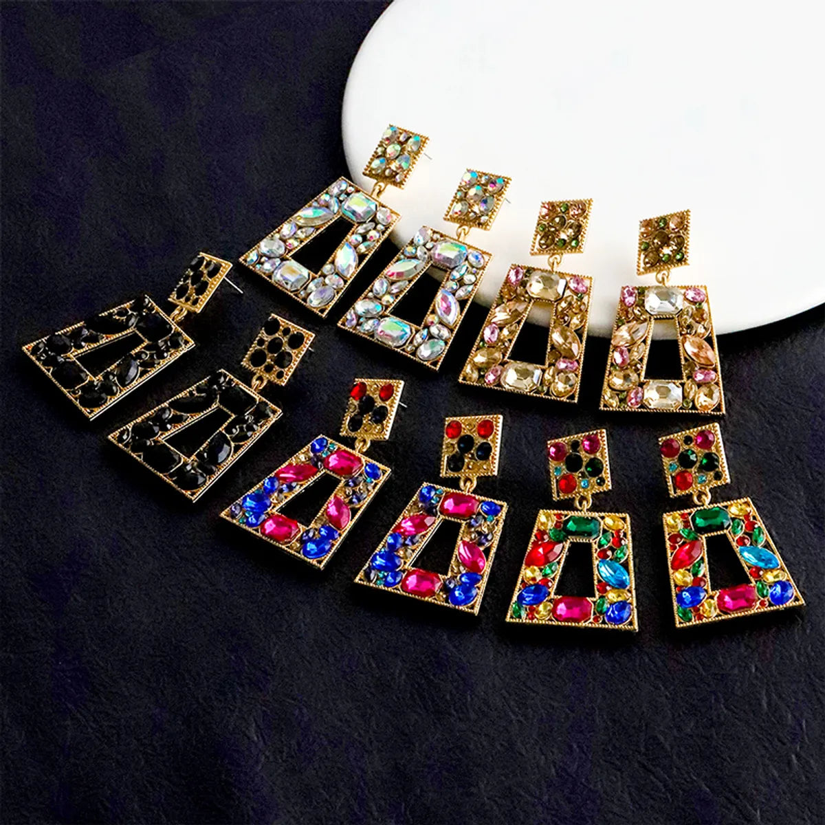 1 Pair Lady Square Inlay Alloy Rhinestones Drop Earrings