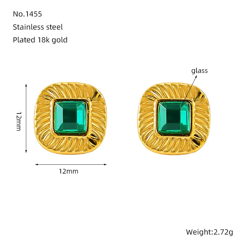 1 Pair Lady Square Polishing Inlay 304 Stainless Steel Glass 18K Gold Plated Ear Studs