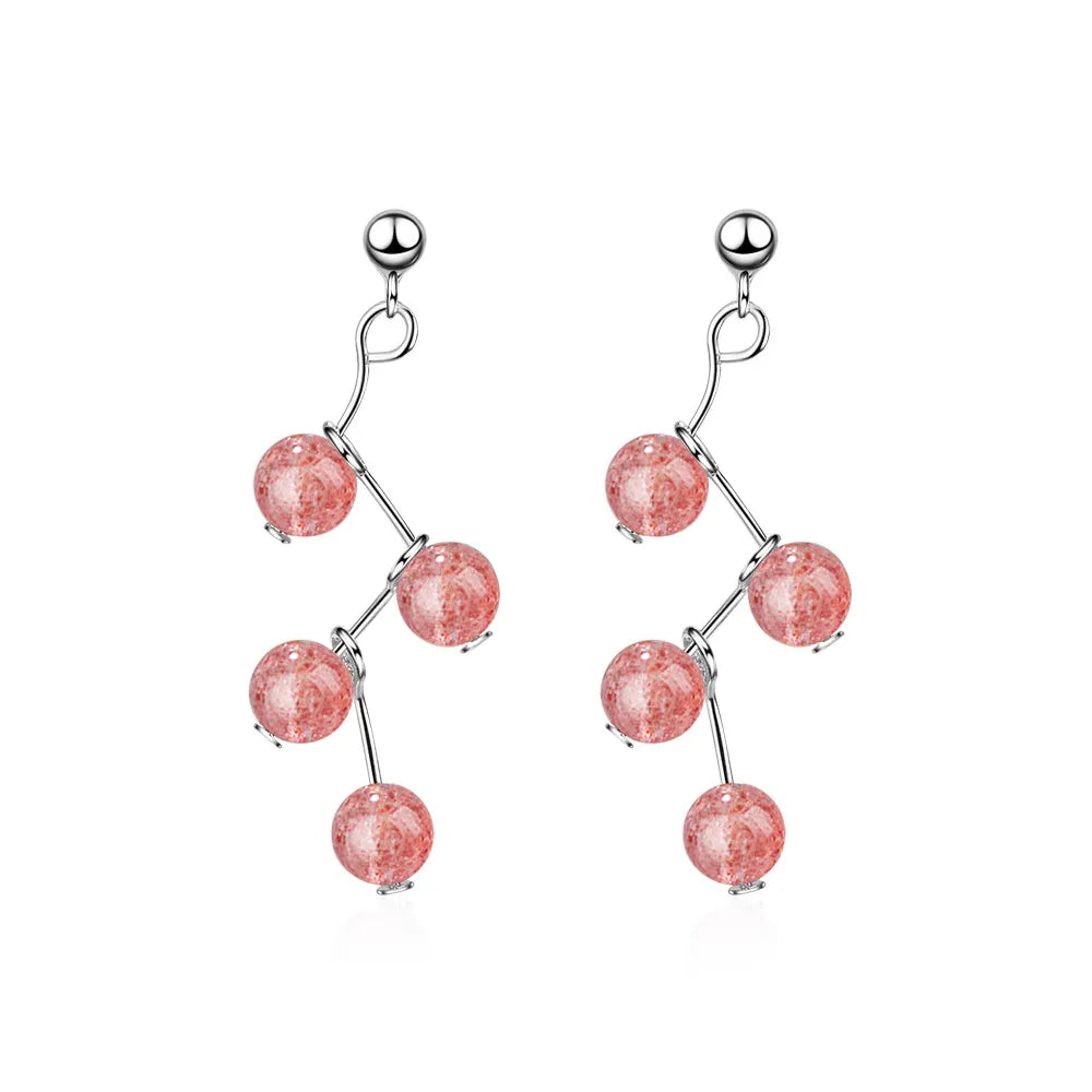 1 Pair Lady Sweet Fruit Strawberry Quartz Copper Drop Earrings