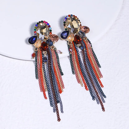 1 Pair Lady Tassel Inlay Alloy Rhinestones Drop Earrings