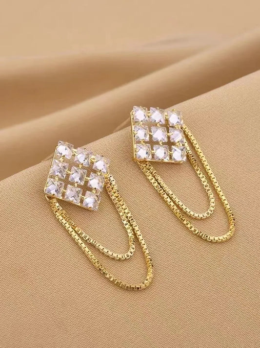 1 Pair Lady Tassel Rhombus Inlay Copper Artificial Diamond Drop Earrings