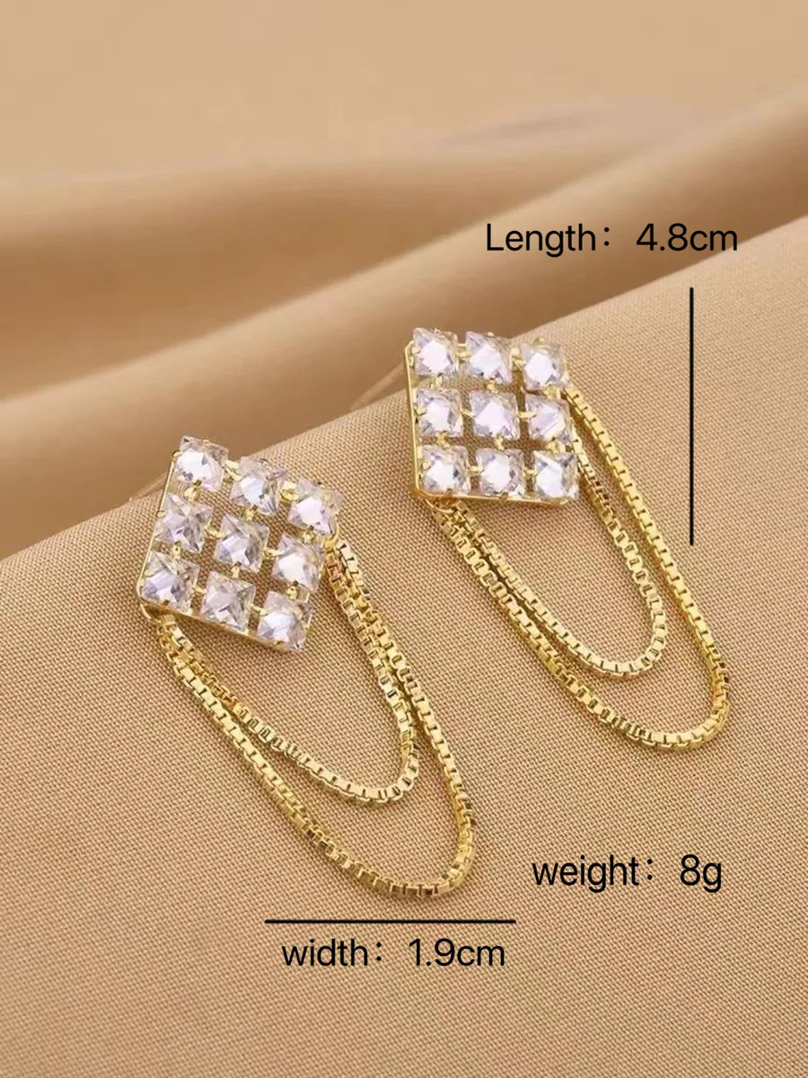 1 Pair Lady Tassel Rhombus Inlay Copper Artificial Diamond Drop Earrings