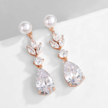 1 Pair Lady Water Droplets Copper Plating Inlay Zircon Rose Gold Plated White Gold Plated Gold Plated Drop Earrings