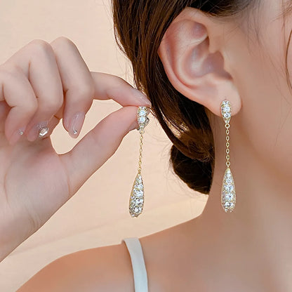 1 Pair Lady Water Droplets Tassel Plating Inlay Alloy Rhinestones Gold Plated Drop Earrings