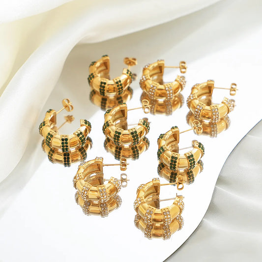 1 Pair Luxurious C Shape Plating Inlay Titanium Steel Rhinestones 18k Gold Plated Ear Studs