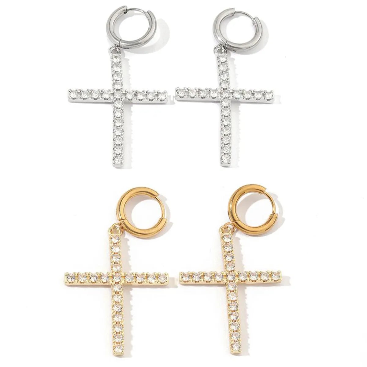 1 Pair Luxurious Cross Plating Inlay Stainless Steel Copper Artificial Rhinestones Zircon 18k Gold Plated White Gold Plated Drop Earrings