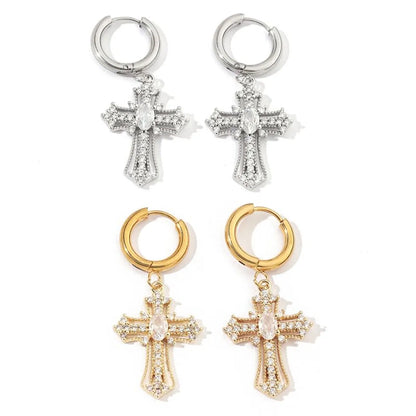 1 Pair Luxurious Cross Plating Inlay Stainless Steel Copper Artificial Rhinestones Zircon 18k Gold Plated White Gold Plated Drop Earrings