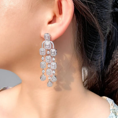 1 Pair Luxurious Shiny Round Square Water Droplets Tassel Plating Inlay Copper Zircon Rhodium Plated Silver Plated Drop Earrings