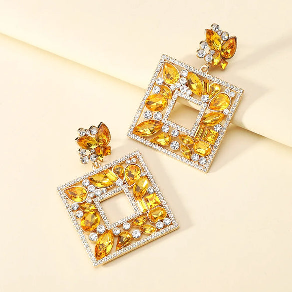 1 Pair Luxurious Shiny Square Plating Hollow Out Inlay Zinc Alloy Glass Dangling Earrings