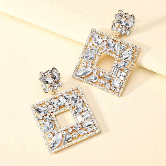 1 Pair Luxurious Shiny Square Plating Hollow Out Inlay Zinc Alloy Glass Dangling Earrings