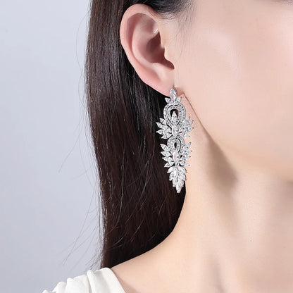 1 Pair Luxurious Wedding Bridal Geometric Inlay Brass Artificial Gemstones Zircon Drop Earrings