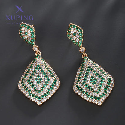 1 Pair Luxurious XUPING Shiny Rhombus Inlay Copper Artificial Gemstones 18K Gold Plated Drop Earrings