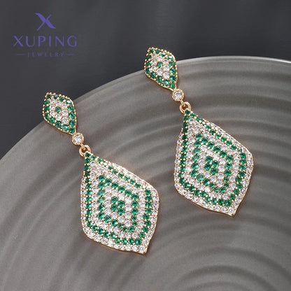 1 Pair Luxurious XUPING Shiny Rhombus Inlay Copper Artificial Gemstones 18K Gold Plated Drop Earrings