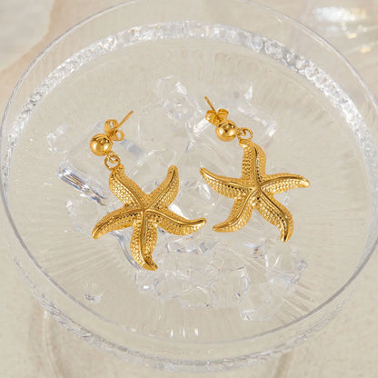 1 Pair Marine Style Beach Starfish Coral Pearl Inlay 304 Stainless Steel Artificial Pearls Drop Earrings