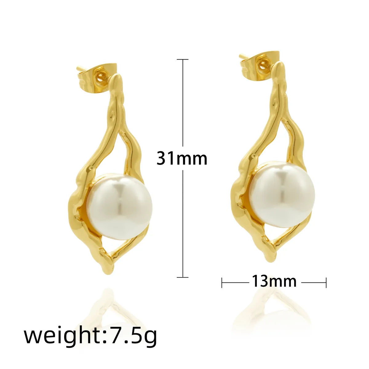 1 Pair Marine Style C Shape Irregular Water Droplets Inlay 304 Stainless Steel Artificial Pearls 18K Gold Plated Ear Studs