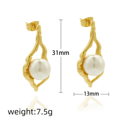 1 Pair Marine Style C Shape Irregular Water Droplets Inlay 304 Stainless Steel Artificial Pearls 18K Gold Plated Ear Studs