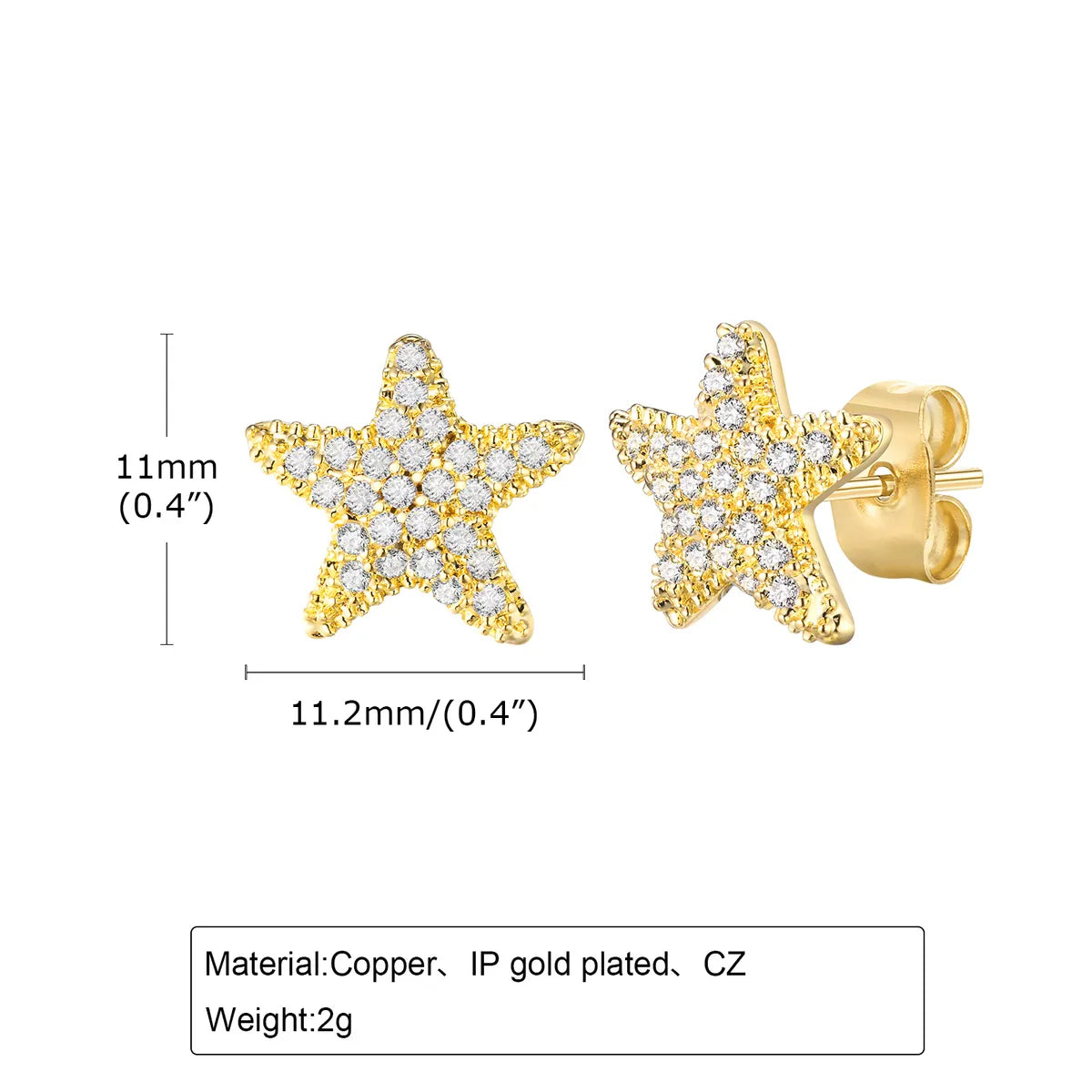 1 Pair Marine Style Shiny Starfish Plating Inlay Copper Zircon 18K Gold Plated Ear Studs