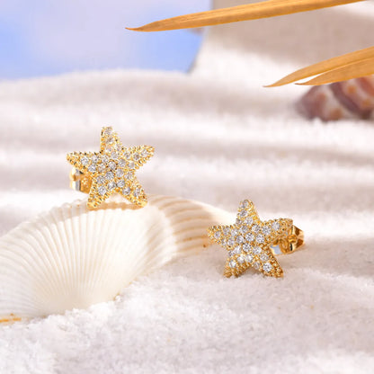 1 Pair Marine Style Shiny Starfish Plating Inlay Copper Zircon 18K Gold Plated Ear Studs