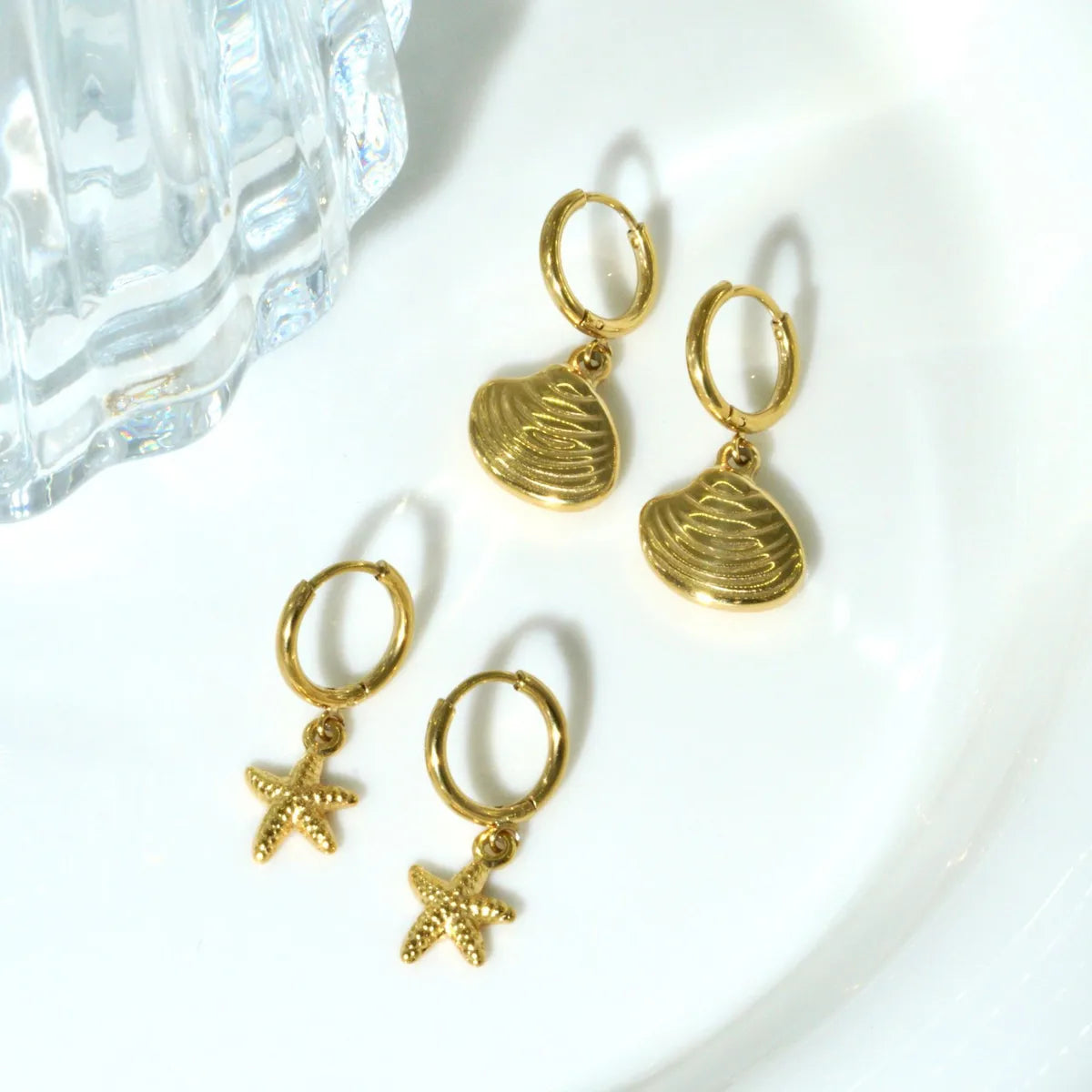 1 Pair Marine Style Starfish Shell 304 Stainless Steel Drop Earrings