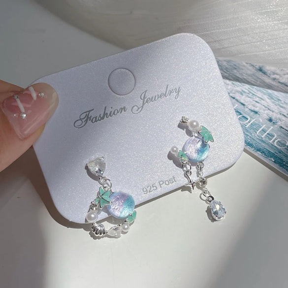 1 Pair Marine Style Sweet Starfish Shell Fish Tail Alloy Resin Drop Earrings Ear Studs