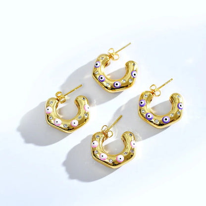 1 Pair Modern Style C Shape Devil's Eye Enamel Inlay Copper Artificial Diamond Ear Studs