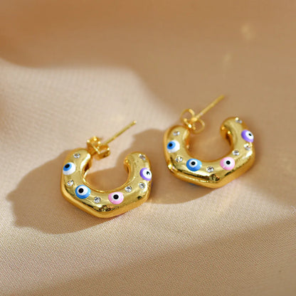 1 Pair Modern Style C Shape Devil's Eye Enamel Inlay Copper Artificial Diamond Ear Studs