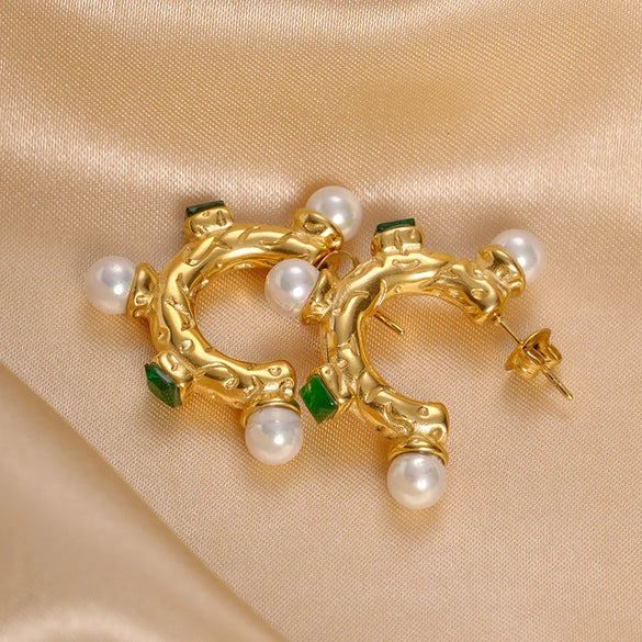 1 Pair Modern Style C Shape Plating Inlay 304 Stainless Steel Pearl Zircon 14K Gold Plated Earrings