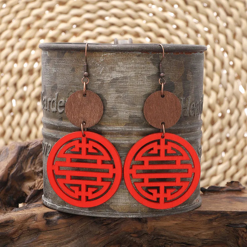 1 Pair Modern Style Chinese Character Hollow Out Wood Drop Earrings